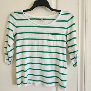 Banana Republic Women Size XS Green White Striped Crewneck  Short Roll-Up Shirt